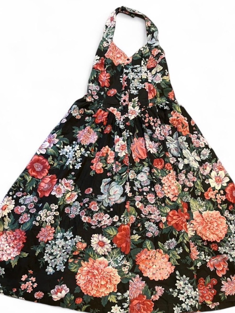 Floral Vintage Halter Maxi Dress in Black with Multicolor Blooms